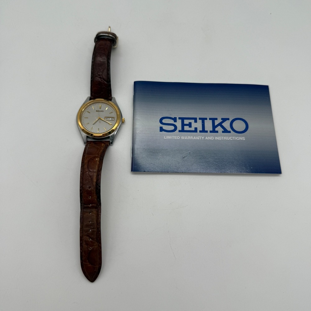 Seiko Watch Mens Brown Two Tone 7N43-8199 Silver Dial Leather Day Date